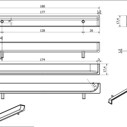 Infreesgreep achter 15x128x180mm mat zwart